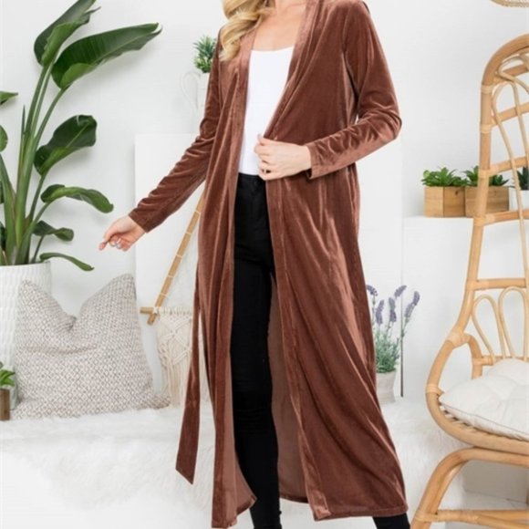 Tops - LONG VELVET BELTED DUSTER  brown